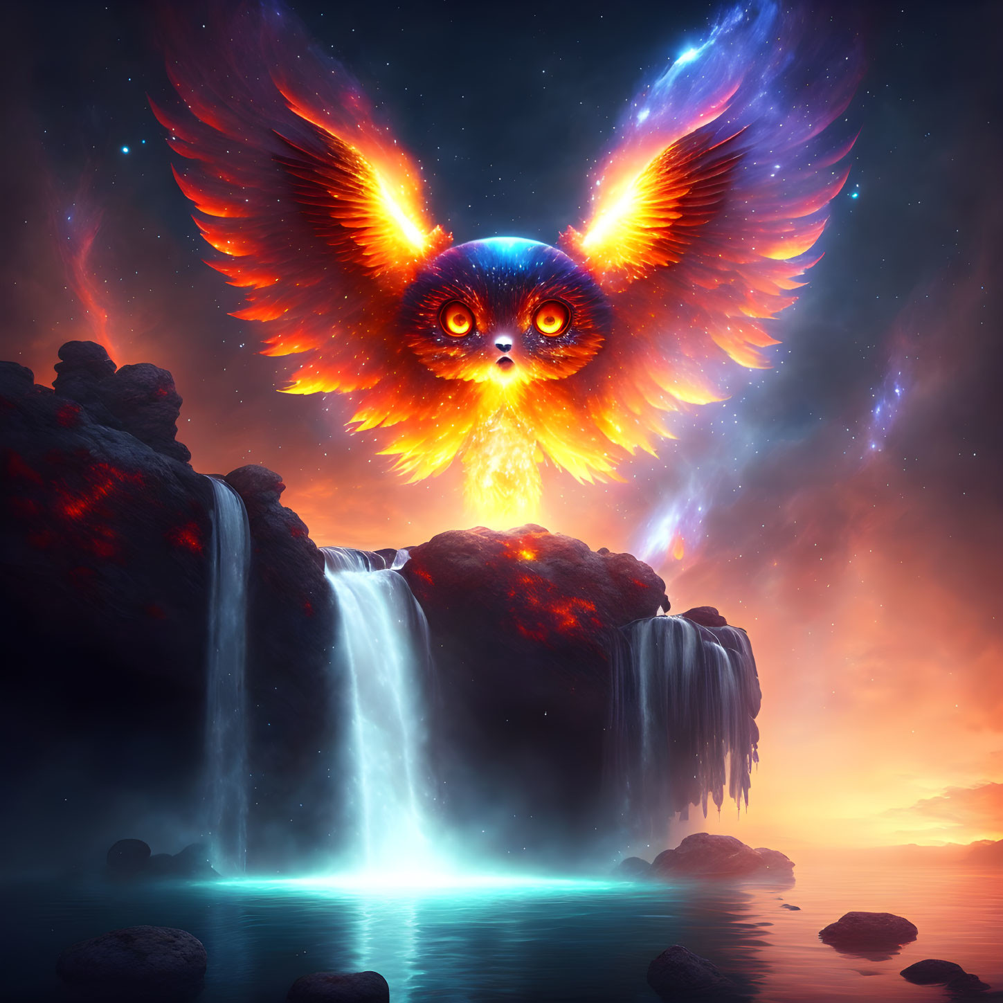 Glowing owl with fiery wings soaring above twilight waterfall and serene lake