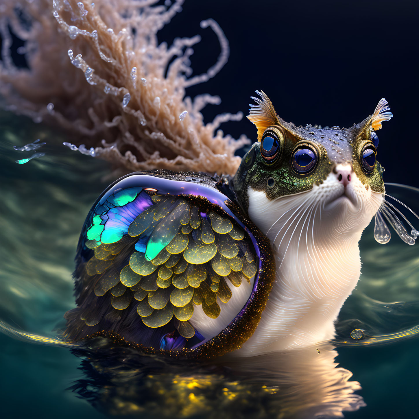 Cat-headed fish creature with iridescent scales and butterfly wings emerging from dark water near coral