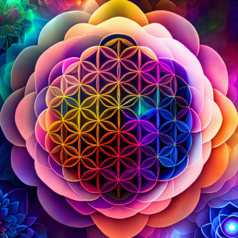 Colorful Flower of Life Pattern in Rainbow Hues on Fractal Background