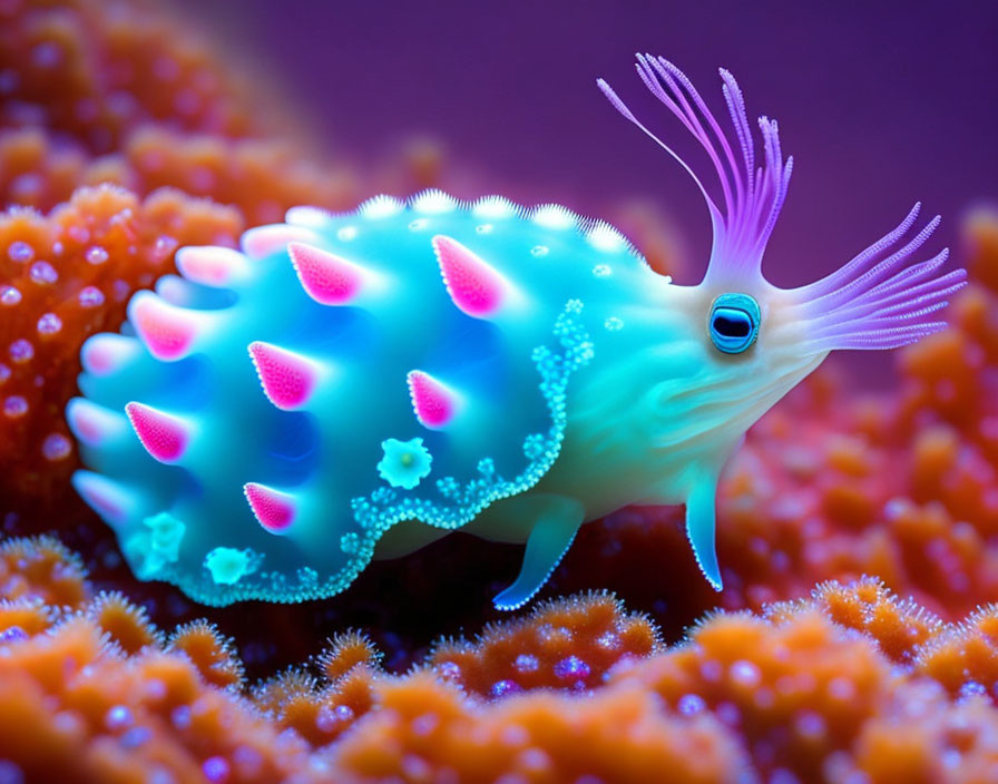 Colorful nudibranch with neon blue and pink hues on coral with prominent gills and textured body