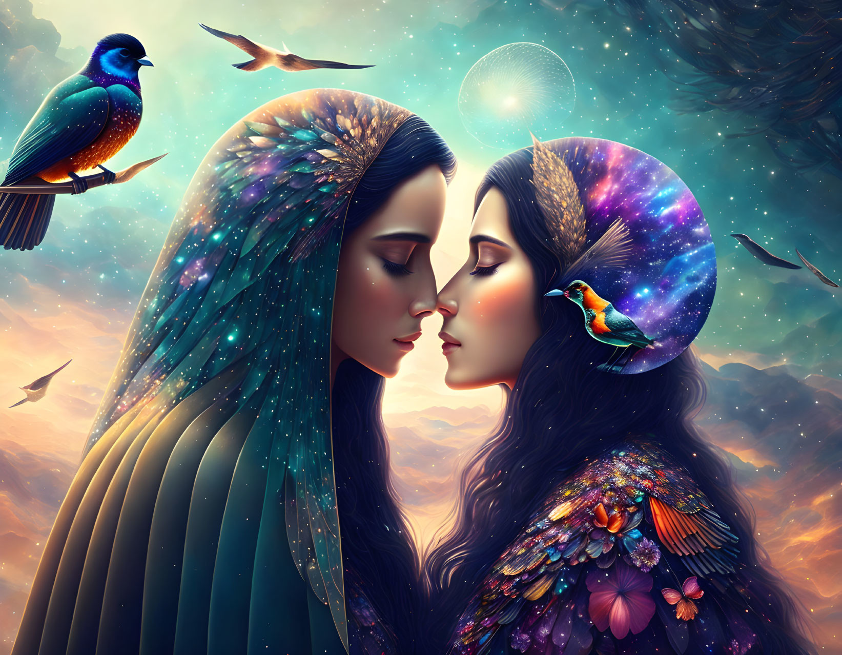 Women with Cosmic and Nature Elements Mirrored in Surreal Background