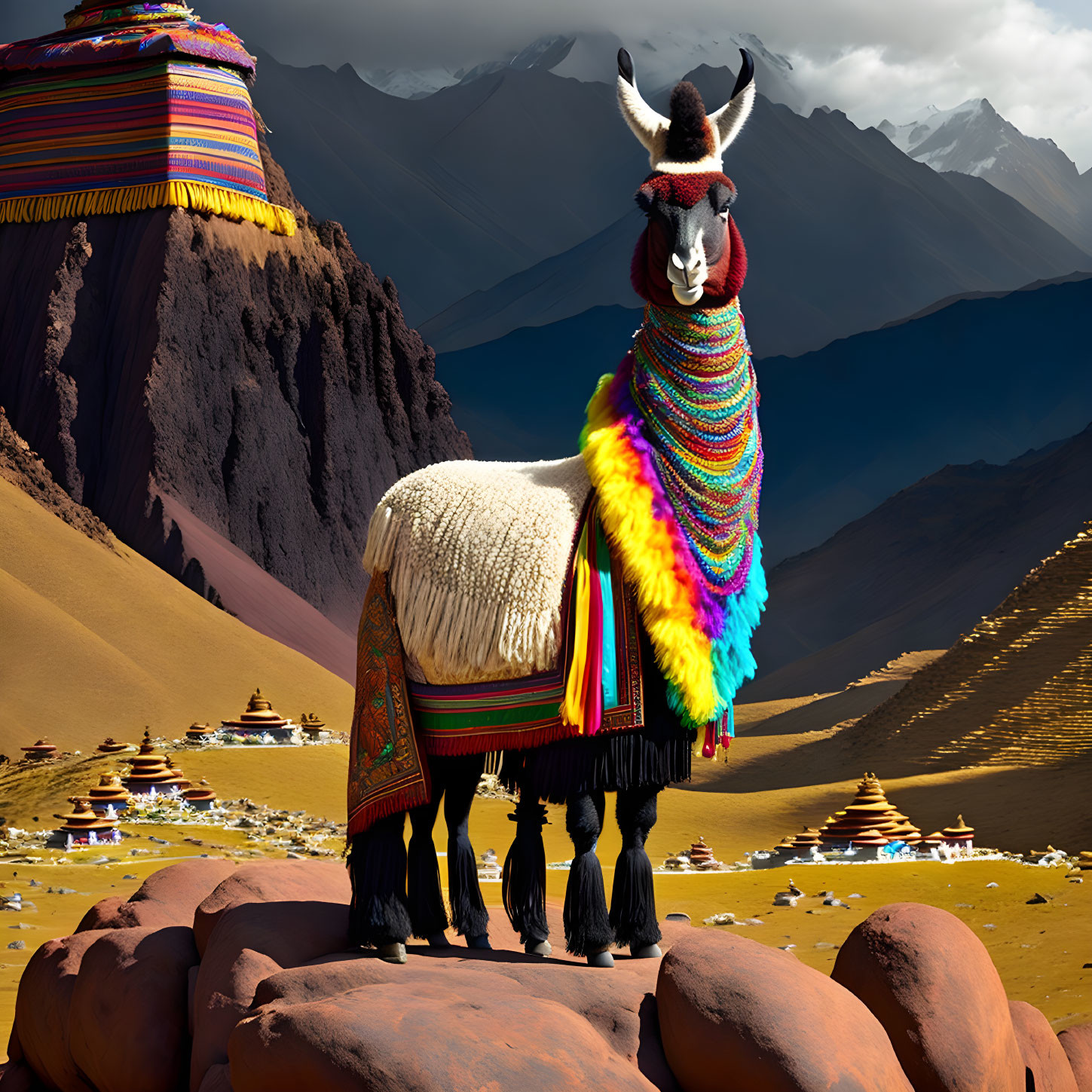 Colorful Decorated Llama on Rocky Terrain with Tibetan-style Background