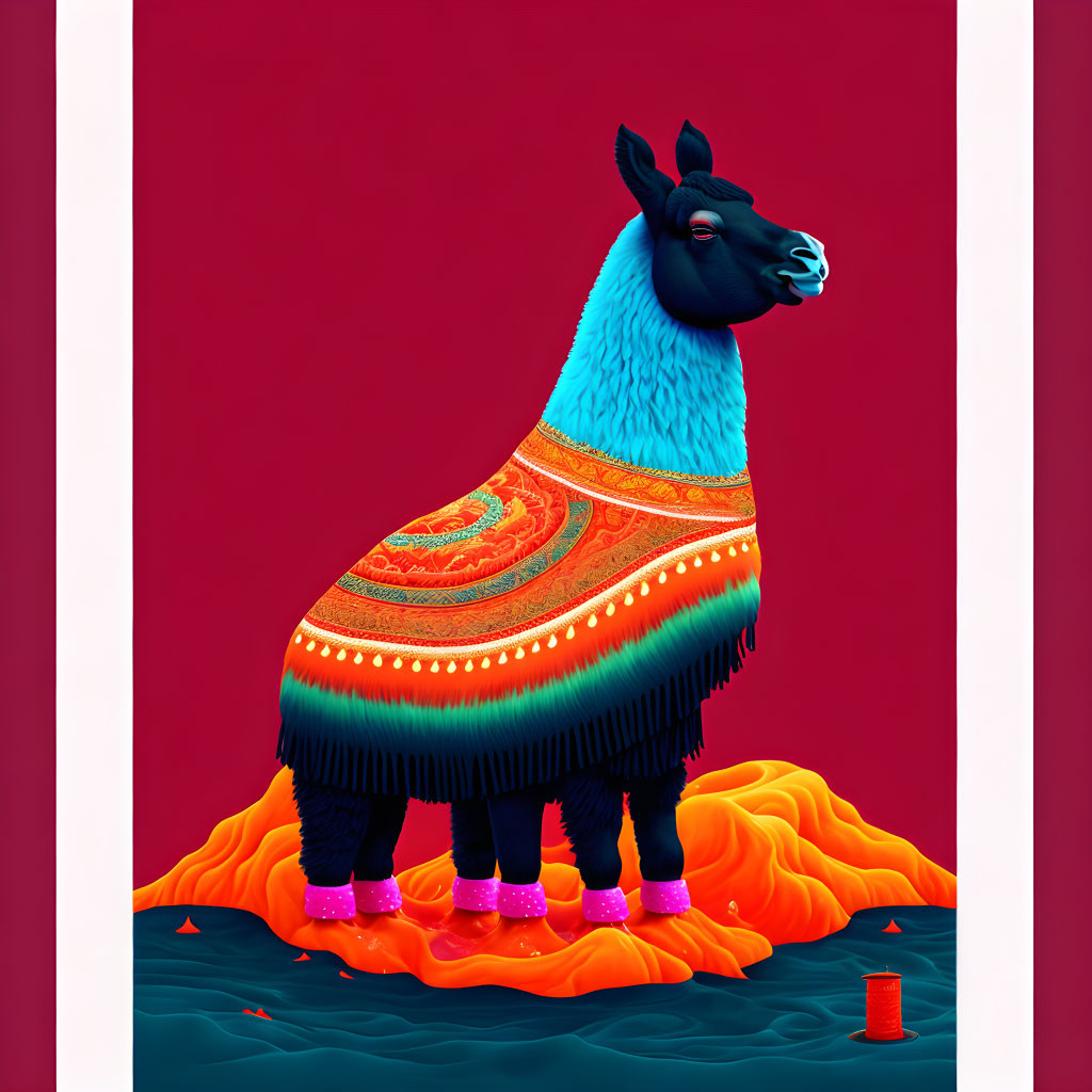 Vibrant llama illustration with blue torso and pink accents