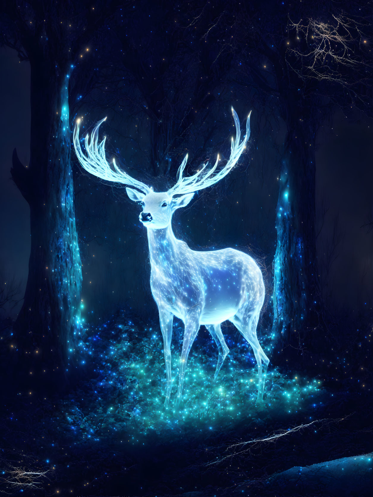 Ethereal blue stag in mystical forest with radiant glow