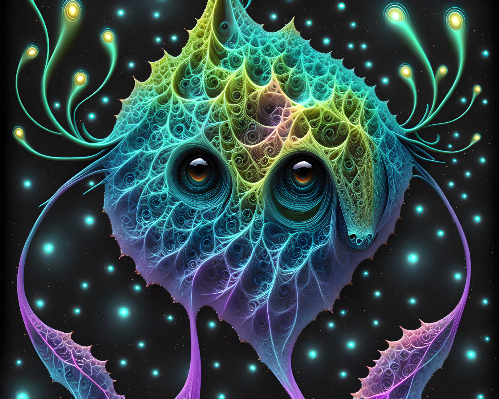 Surreal digital artwork: Alien entity with multiple eyes and tentacles