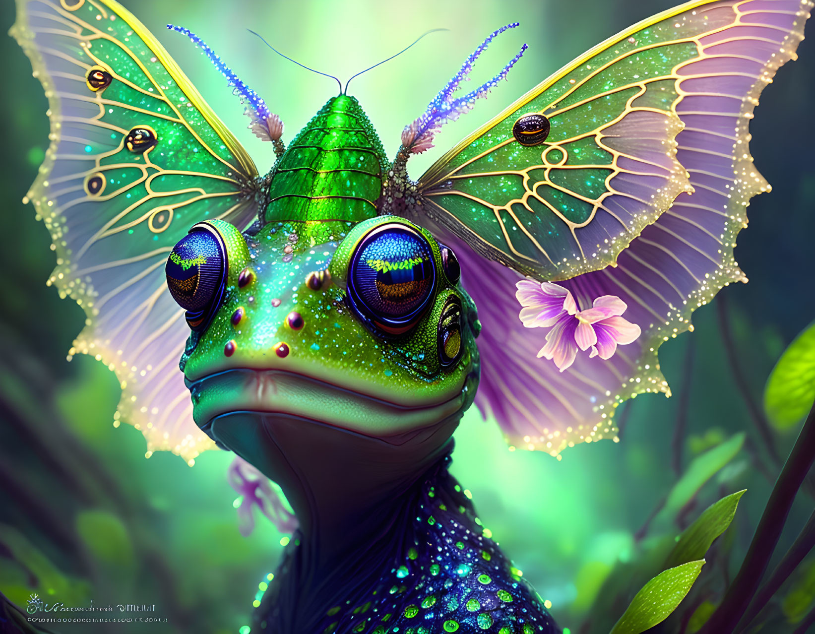 Colorful Fantasy Creature with Frog Head and Butterfly Wings in Lush Foliage