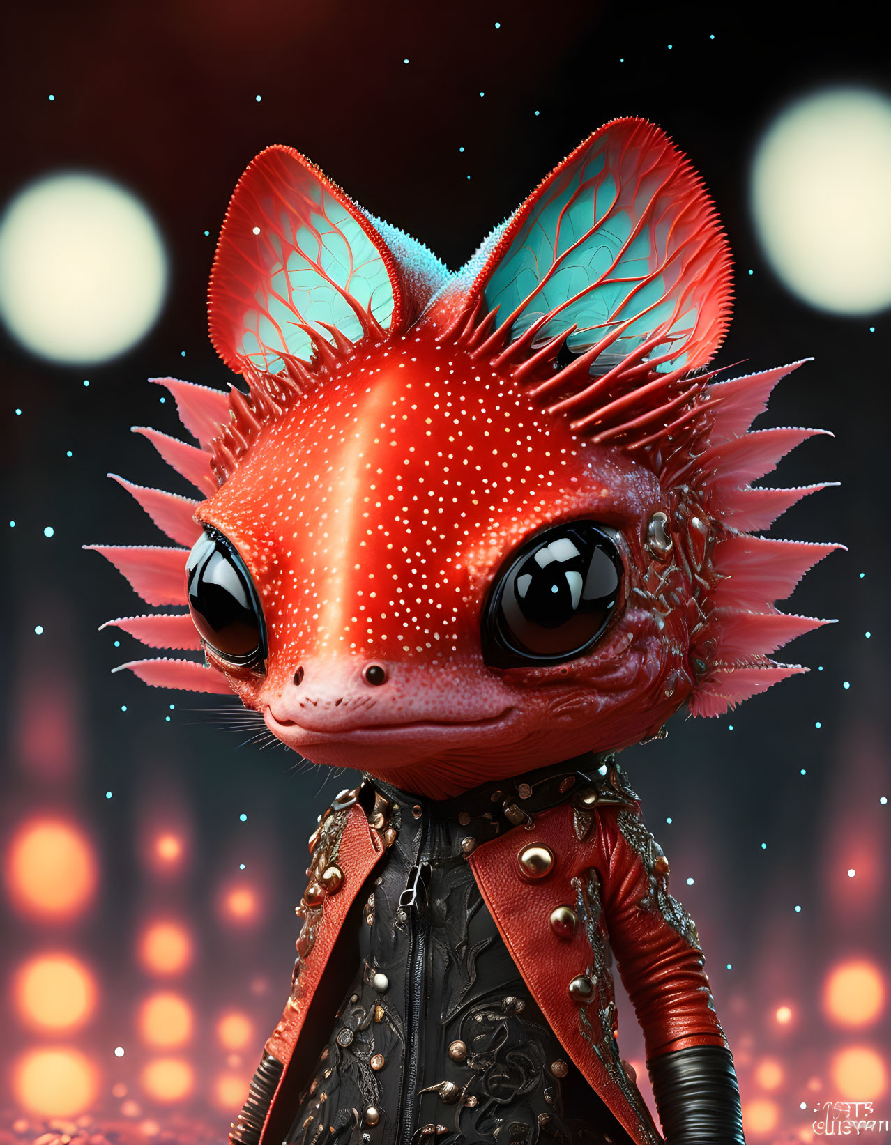 Stylized anthropomorphic creature digital artwork with red skin and black leather jacket