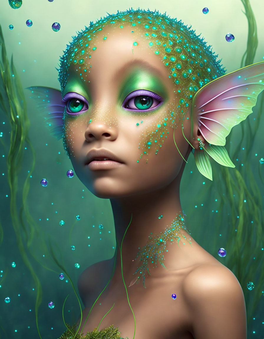 Ethereal fairy with translucent wings in aquatic ambiance