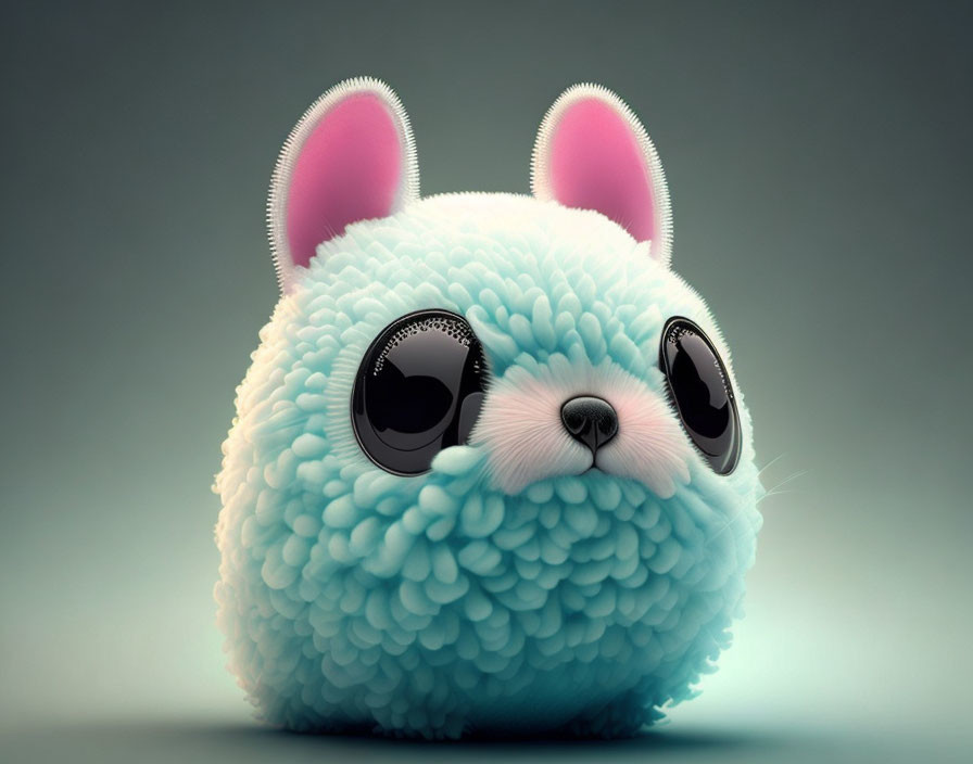 Blue Fluffy Cartoon Creature with Big Eyes and Pink Ears