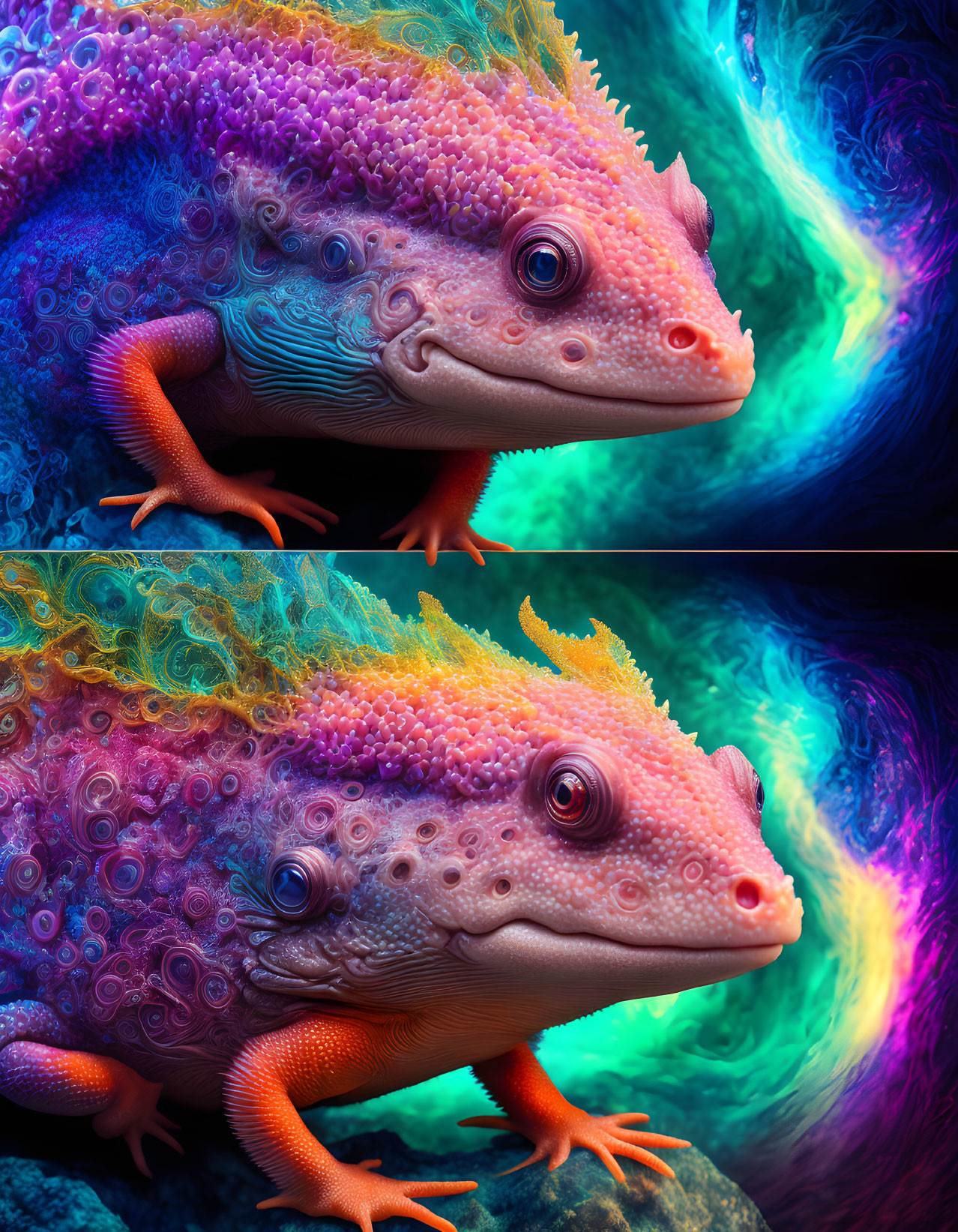 Colorful Stylized Lizard Artwork in Purple and Orange Palette