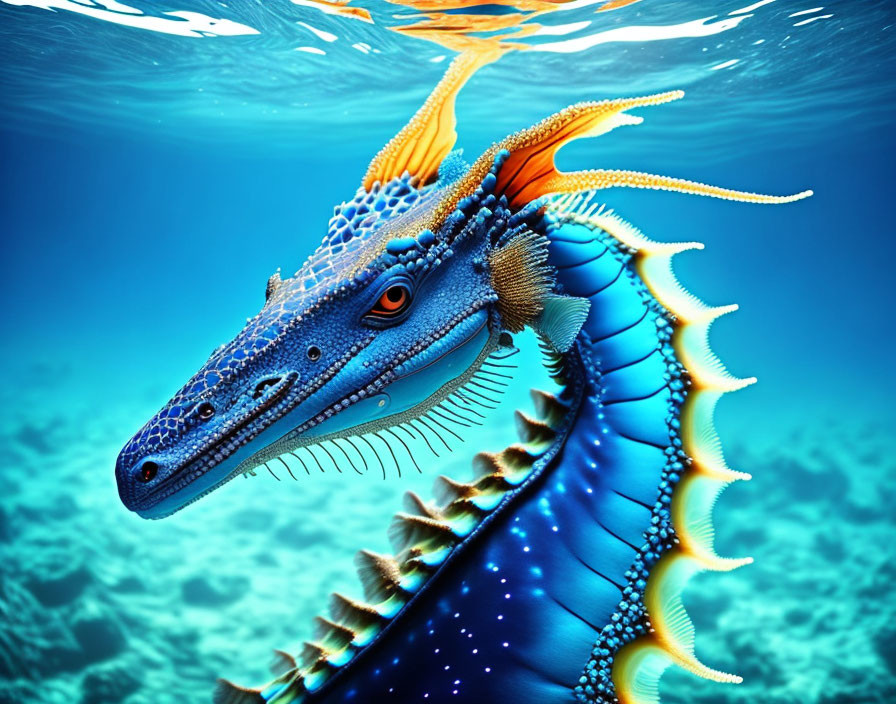 Colorful Dragon-Like Sea Creature with Blue Scales and Orange Fins