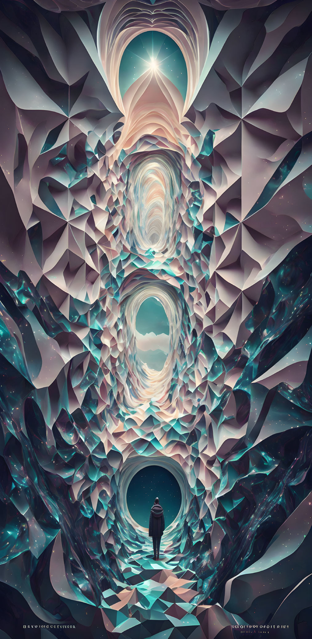 Surreal geometric tunnel with crystalline walls and luminous point