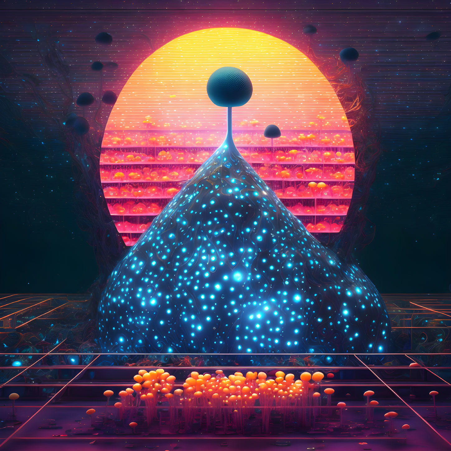 Vibrant surreal landscape with glowing water droplet, starry sphere, neon-lit terraced