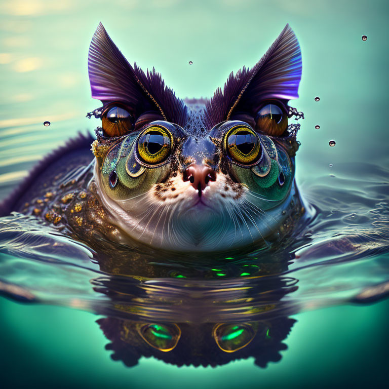 Whimsical cat with fish-like features in turquoise waters