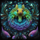 Vivid neon-colored digital artwork of surreal cat-like creature