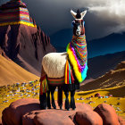 Colorful Decorated Llama on Rocky Terrain with Tibetan-style Background