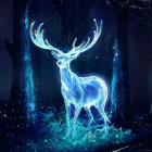 Ethereal blue stag in mystical forest with radiant glow