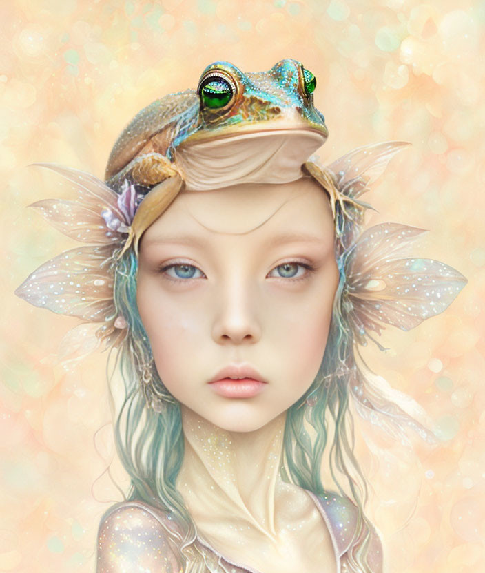 Surreal artwork of young girl with elfin features and frog on head in pastel setting