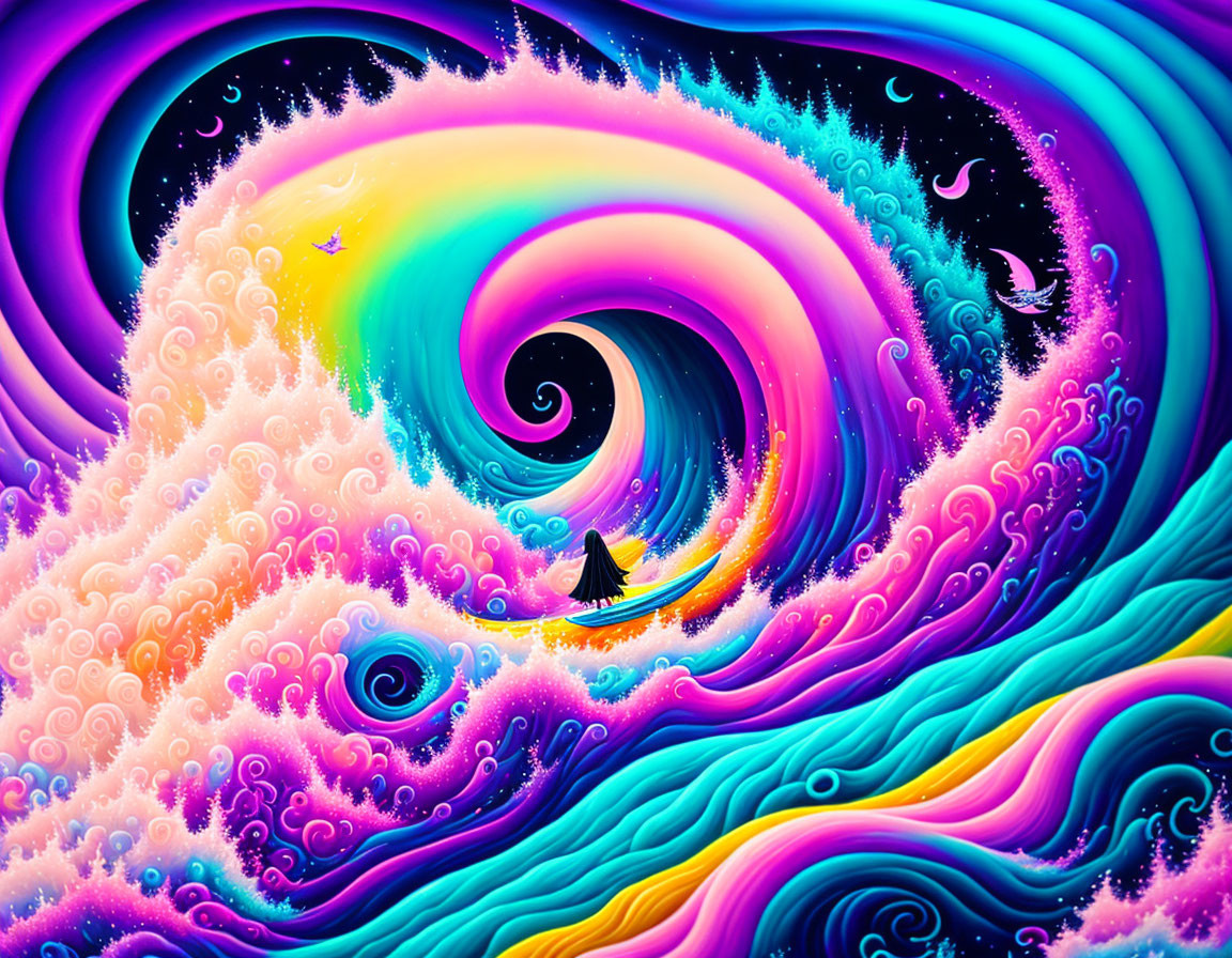 Colorful Psychedelic Surfer Riding Spiral Wave Amid Starry Sky