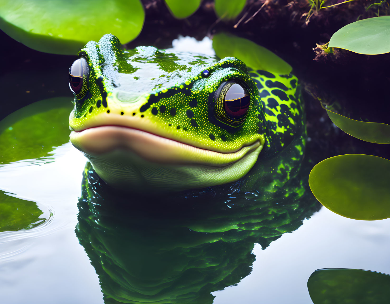 Vibrant green frog with red eyes among lily pads