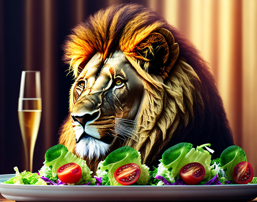 Photorealistic lion's head on dinner setting with salad and champagne