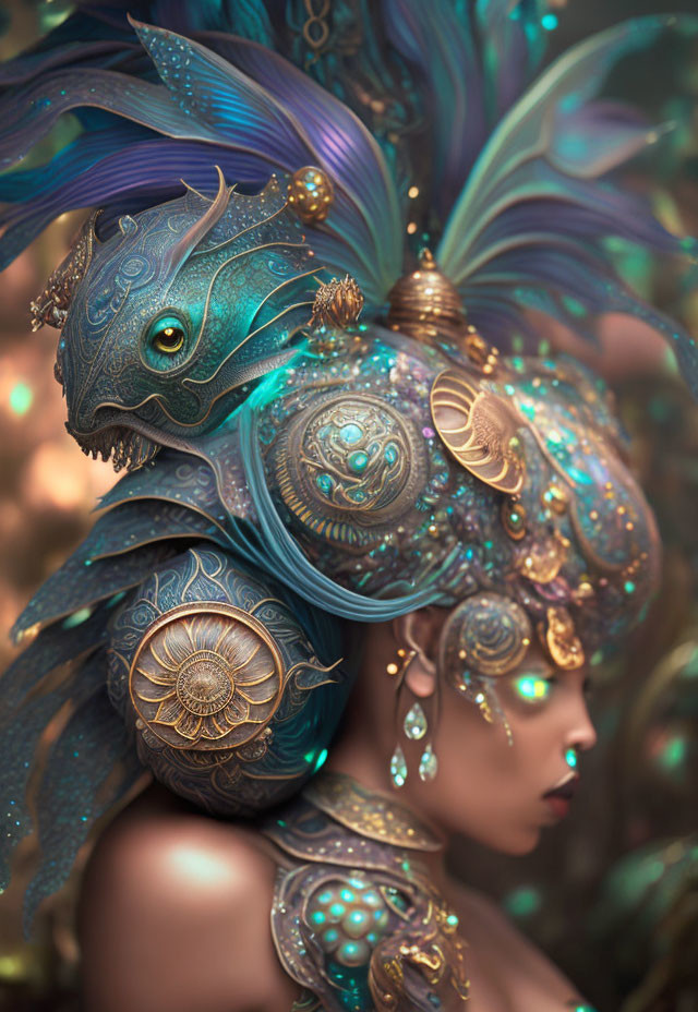 Fantasy portrait: person with ornate mythical headgear in golden ambiance