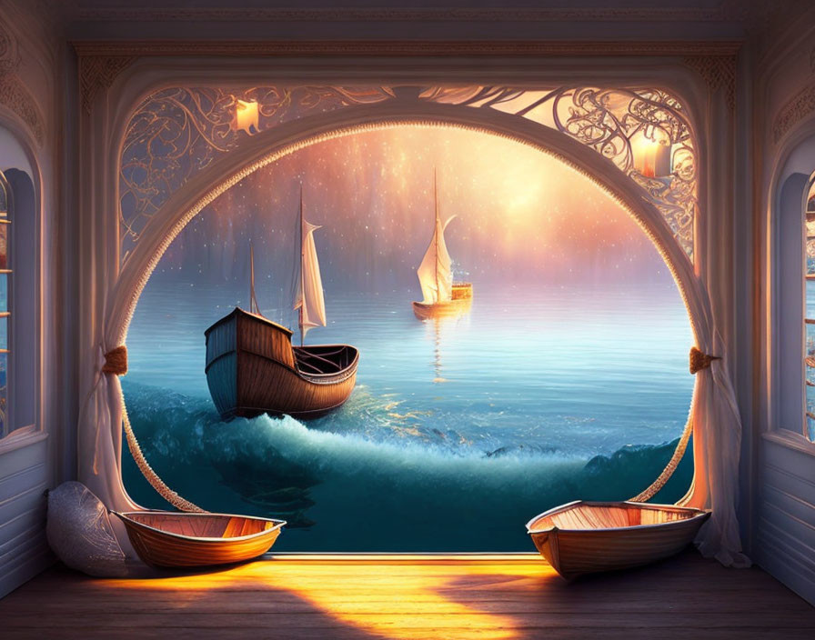 Ocean view with sailing ships through arched window at sunset