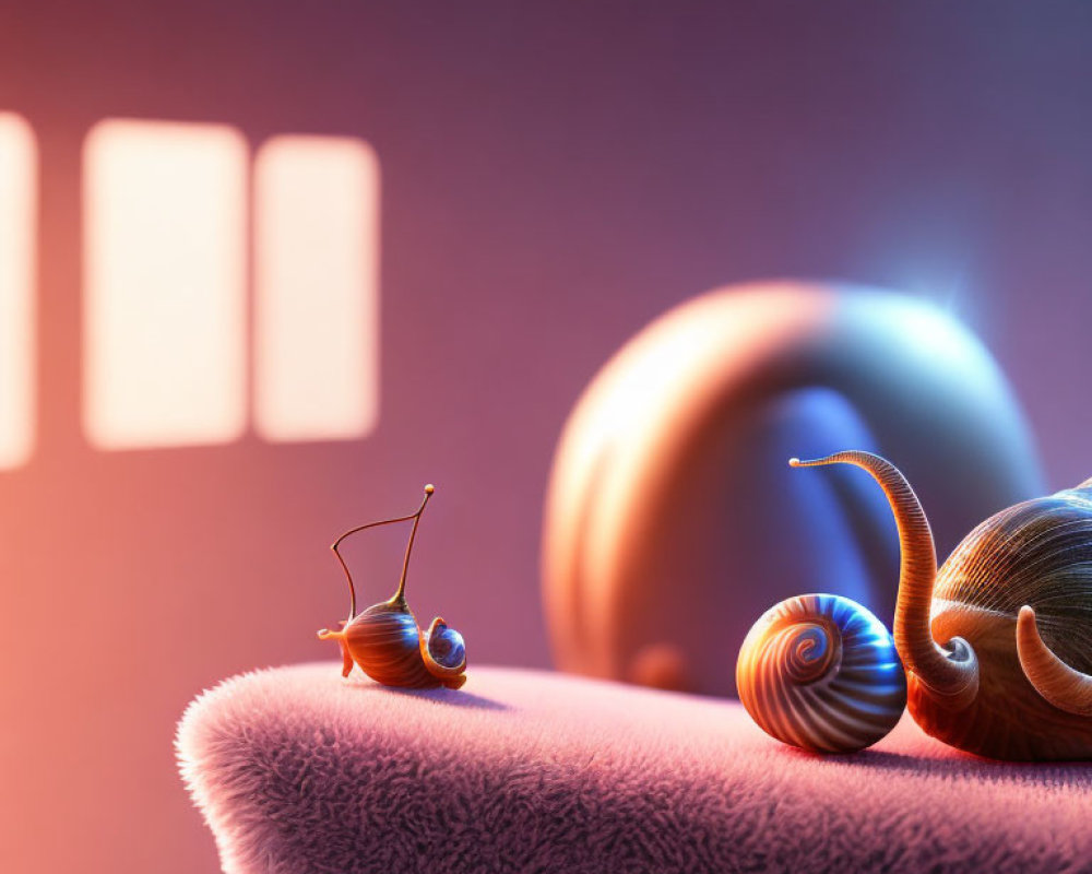 Stylized snails with shiny, patterned shells on purple surface