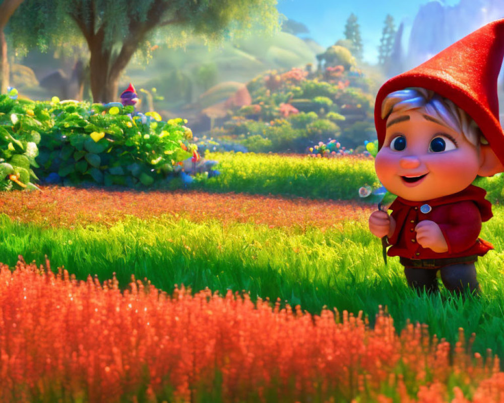 Vibrant fantasy garden with animated gnome child and dandelion