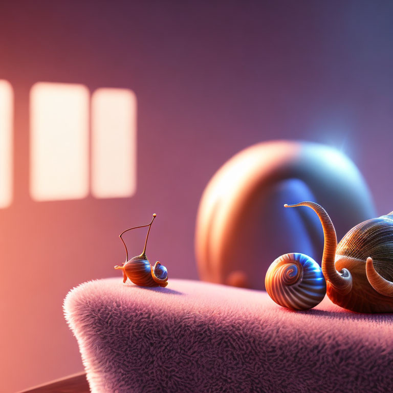 Stylized snails with shiny, patterned shells on purple surface