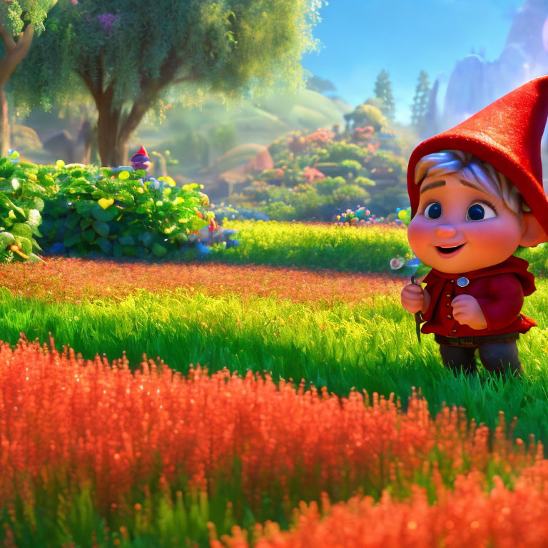 Vibrant fantasy garden with animated gnome child and dandelion