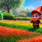 Vibrant fantasy garden with animated gnome child and dandelion