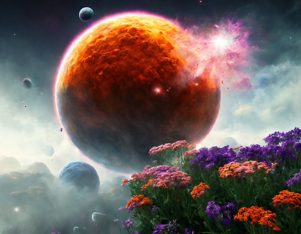 Colorful cosmic scene: orange planet, stars, flowers