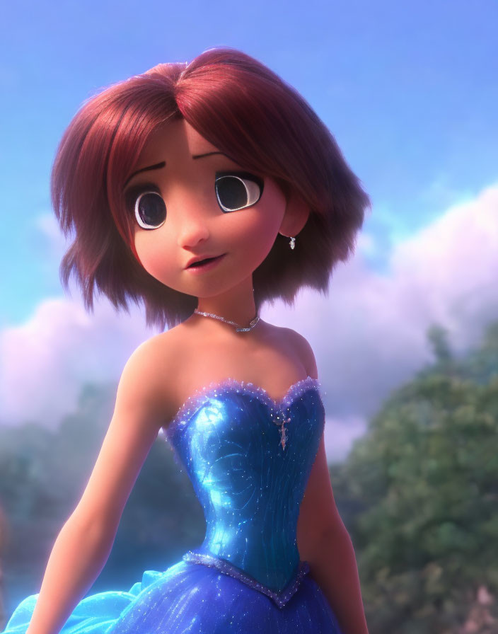 Red-haired 3D character in blue dress and necklace gazes up