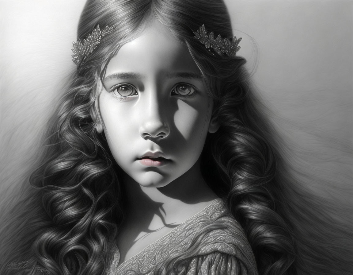 Monochrome portrait of young girl with long curly hair and decorative headpiece