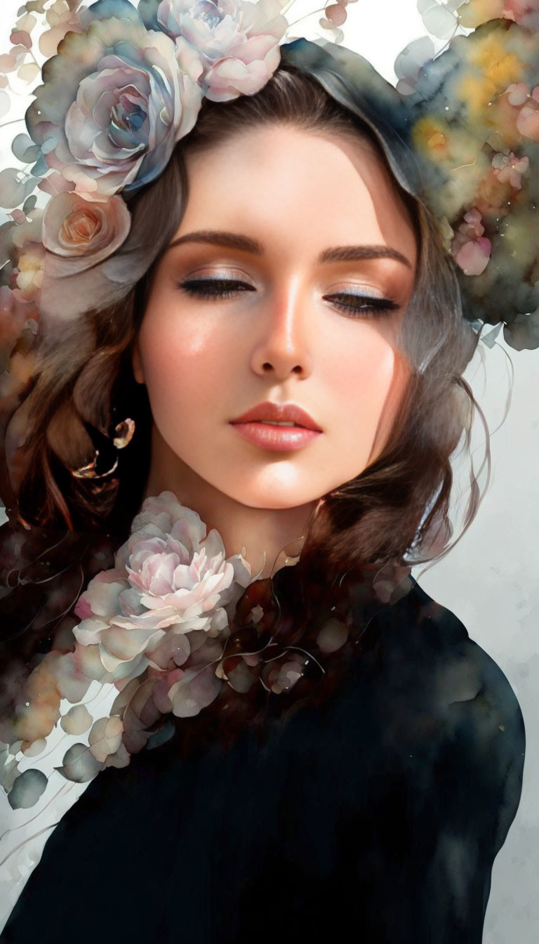 Woman with Closed Eyes Surrounded by Soft-Focus Flowers and Flowing Dark Hair