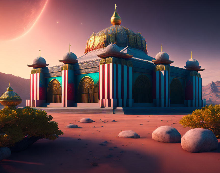 Vibrant Blue and Red Striped Mosque Under Pink Sky