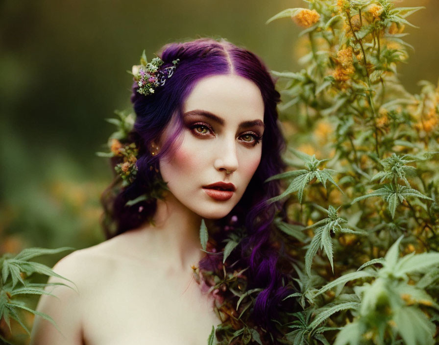 Woman with Vibrant Purple Hair and Floral Headpiece in Green Foliage