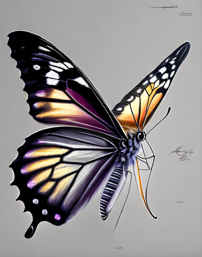 Detailed Butterfly Illustration: Black, White, Yellow, Purple Wings on Gray Background