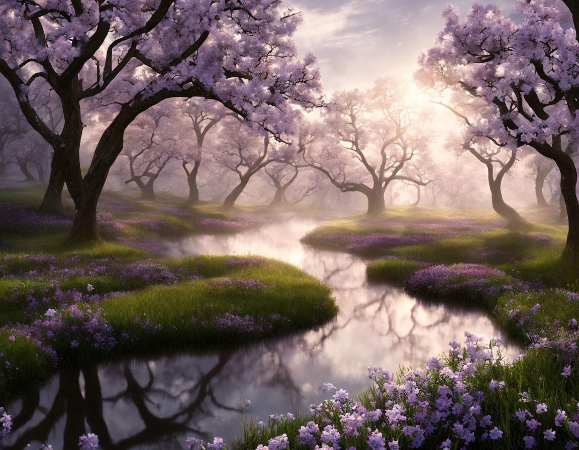 Tranquil cherry blossom trees near river with purple wildflowers