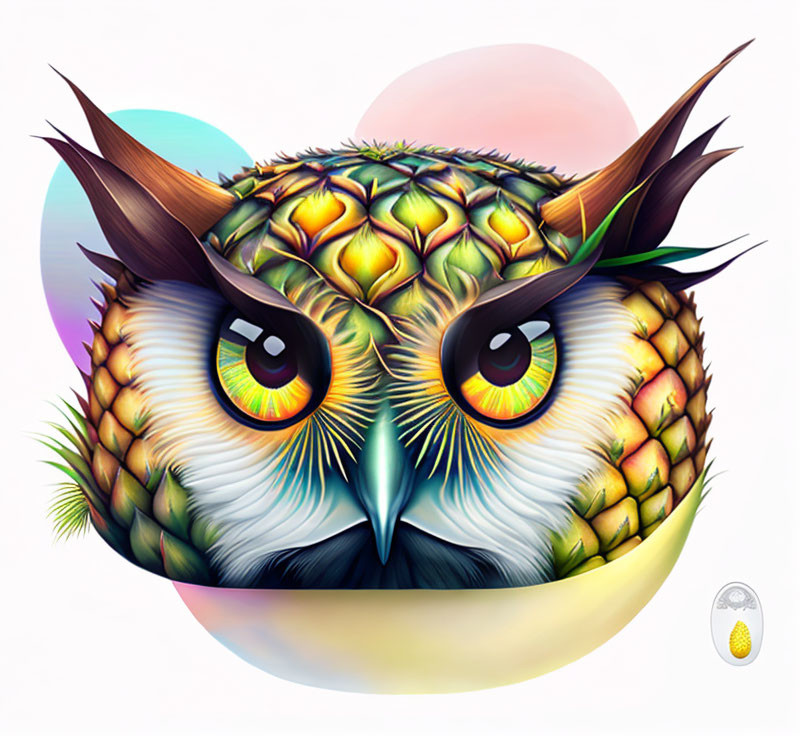 Vivid Owl Illustration with Yellow Eyes and Pineapple Feathers