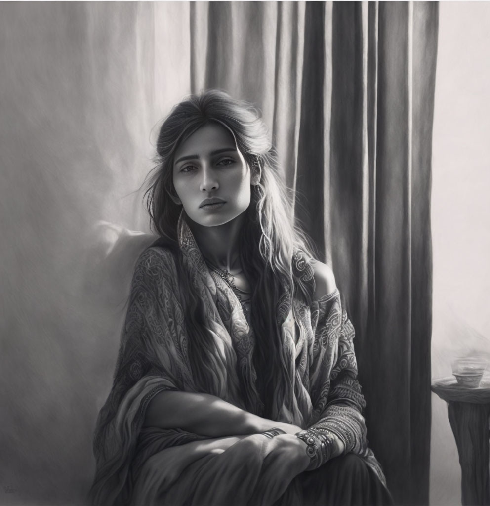 Grayscale image of woman with long hair in intricate fabrics by window