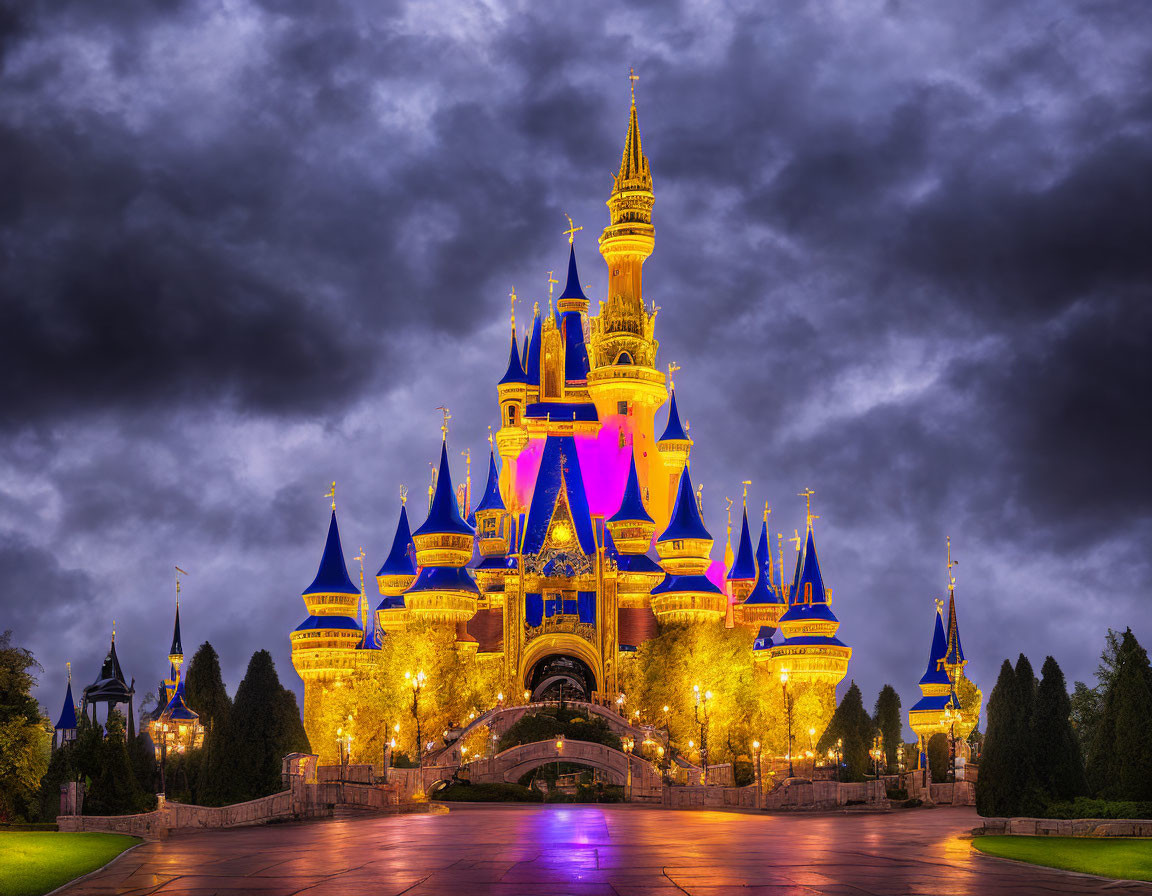 Twilight fairytale castle under dramatic cloudy sky