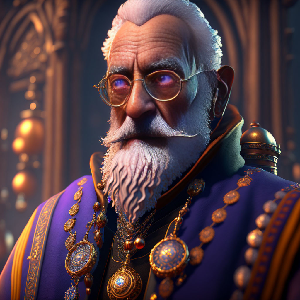 Elderly man with white beard in ornate gold and blue robes