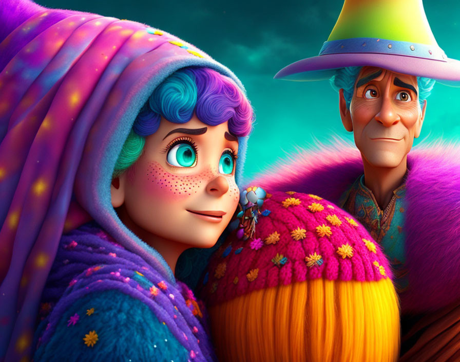 Colorful Attired Characters in Whimsical Animated Scene