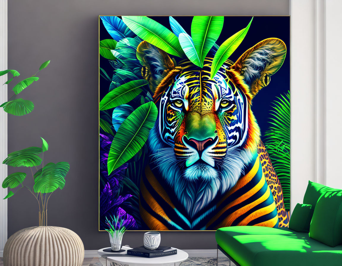 Colorful Tiger Artwork Surrounded by Tropical Leaves in Modern Room