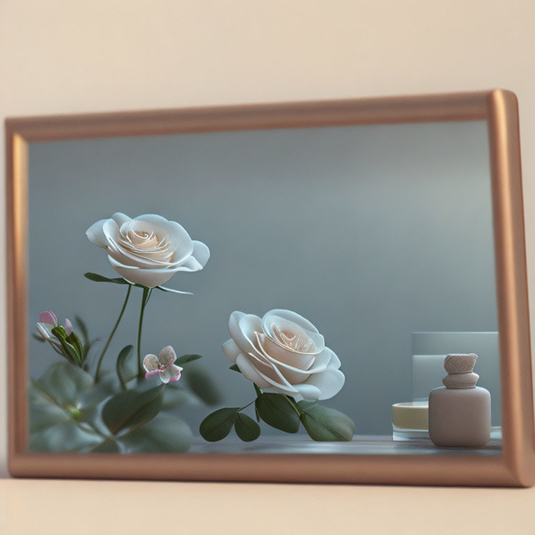 Stylized white roses and geometric shapes in digital art frame