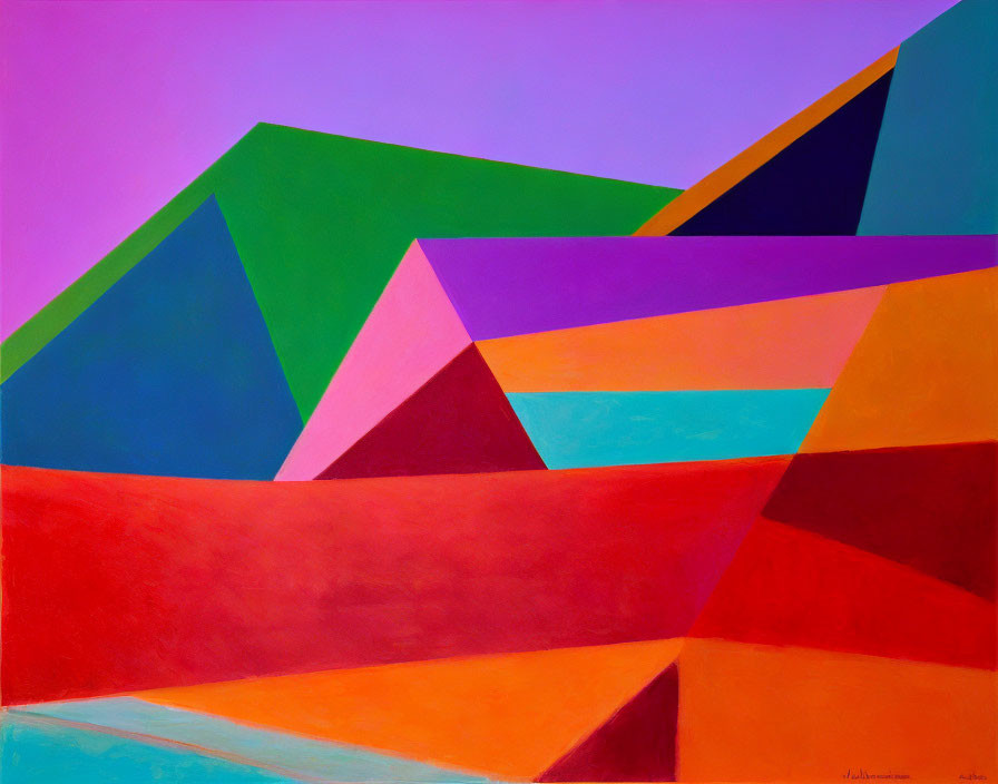 Colorful Geometric Abstract Painting with Interlocking Triangles and Polygons