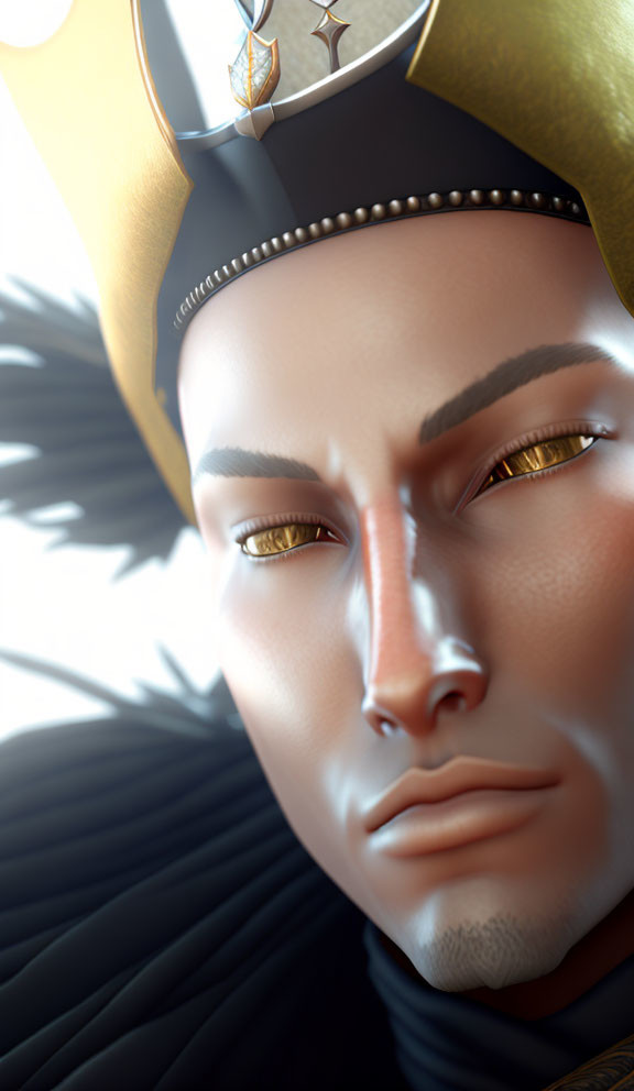 Detailed 3D-rendered male character with golden eyes and royal crown.