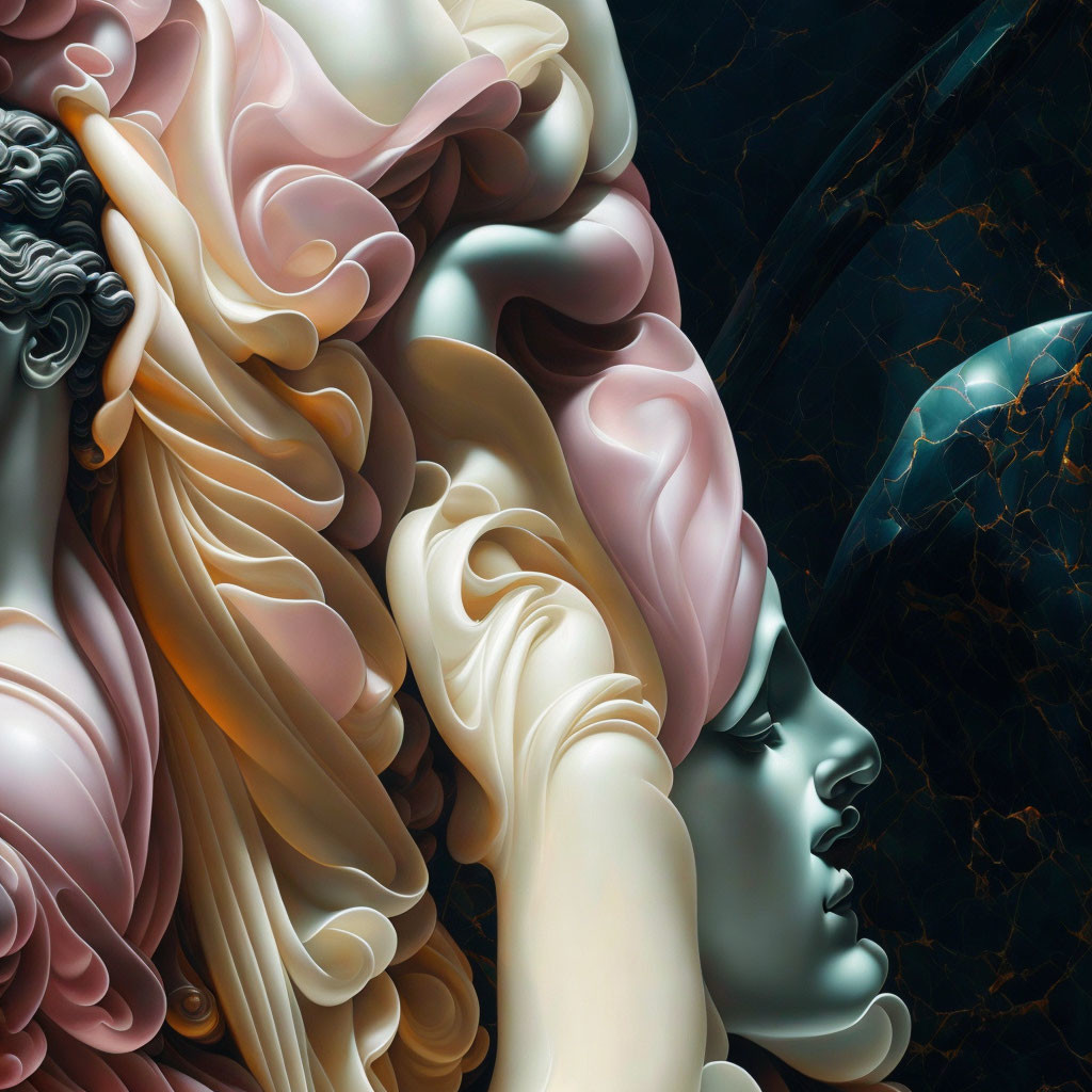 Detailed digital artwork of classical sculptures with marble textures on dark background